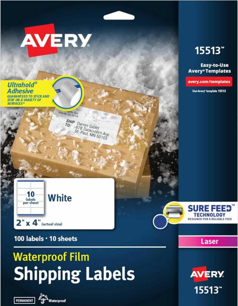AVERY 15513 Ultrahold Waterproof Labels, 2" x 4" for Laser Printers, 500 Labels per Case, Durable Adhesive for Long-Lasting Use