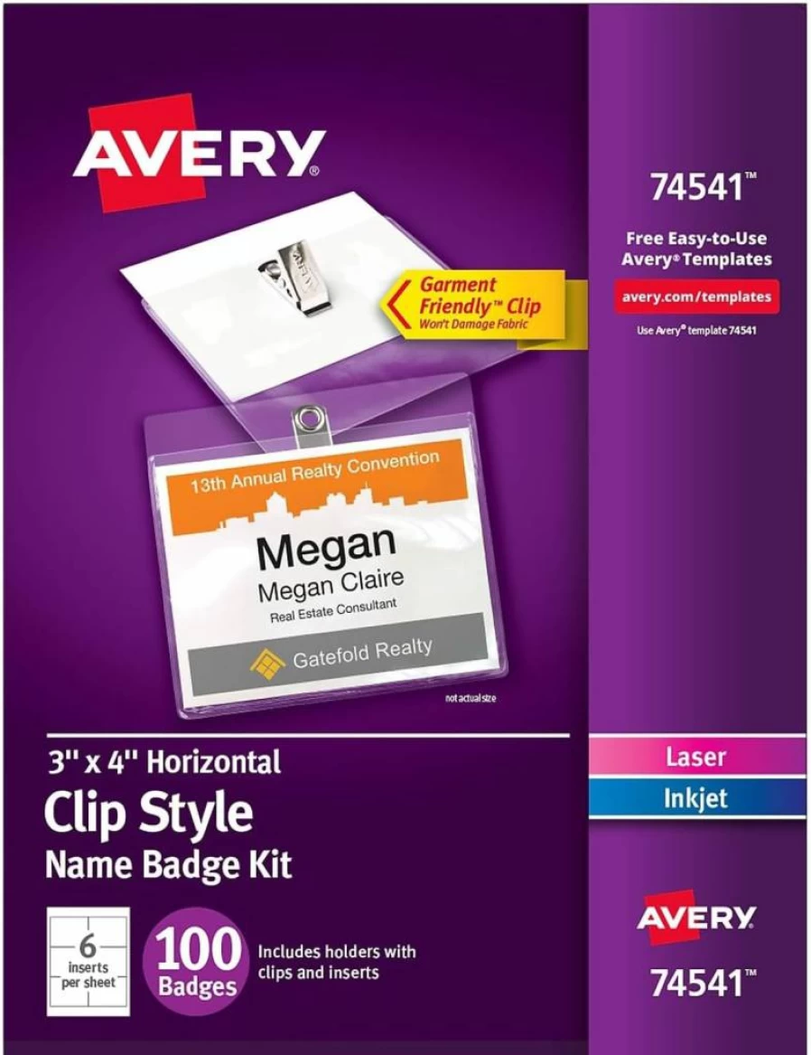 AVERY 74541 Top-Loading Clip-On Name Badges, 3x4 Inches, Garment-Friendly, Pack of 100