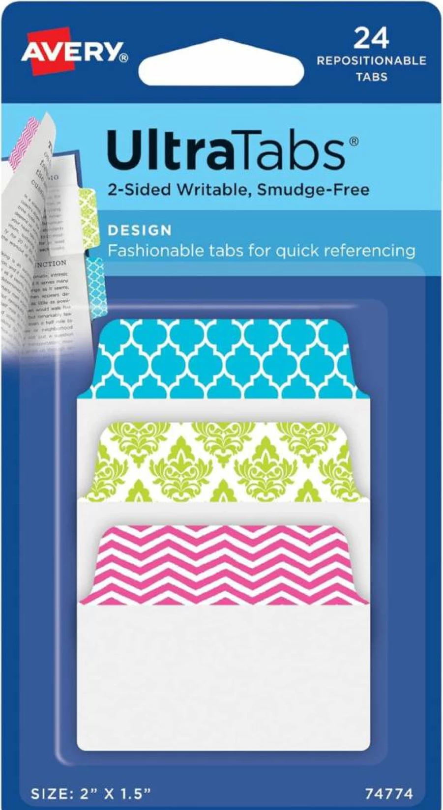 AVERY Repositionable Ultra Tabs, 2" x 1.5" Writable Multi-Color Tabs, 24-Pack for Organizing (74774)