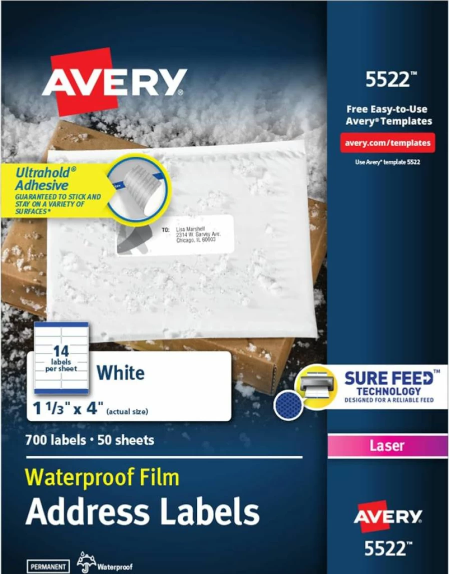 Avery 5522 Waterproof Printable Address Labels 1-1/3" x 4" White 700 Sheets Blank Mailing Labels with Sure Feed Technology