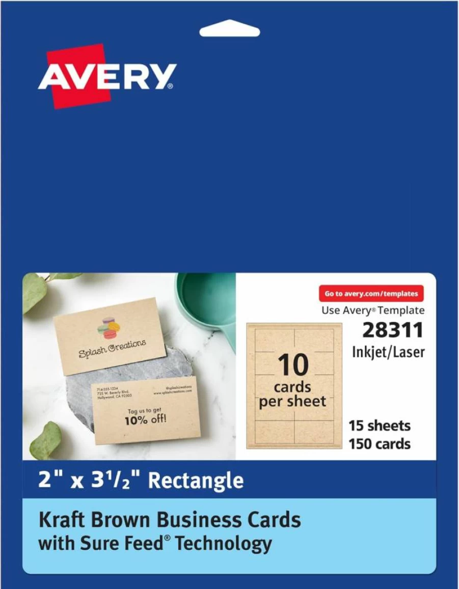 Avery Kraft Brown Business Cards with Sure Feed Technology, 2" x 3.5", 150 Pack for Laser/Inkjet Printers, Ideal for Appointment & Loyalty Cards (28311)
