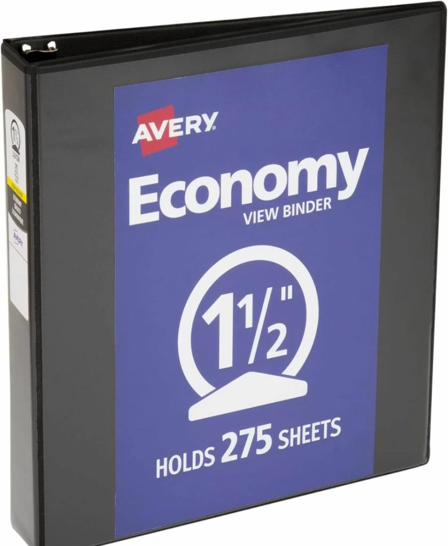 Avery 05771 1.5 Inch Round Ring 3 Ring Binder, Black Economy View Binder for School or Office