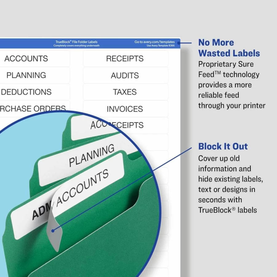 Avery Trueblock Permanent File Folder Labels, 2/3" x 3-7/16", 750 Printable Labels in Assorted Colors (5266)