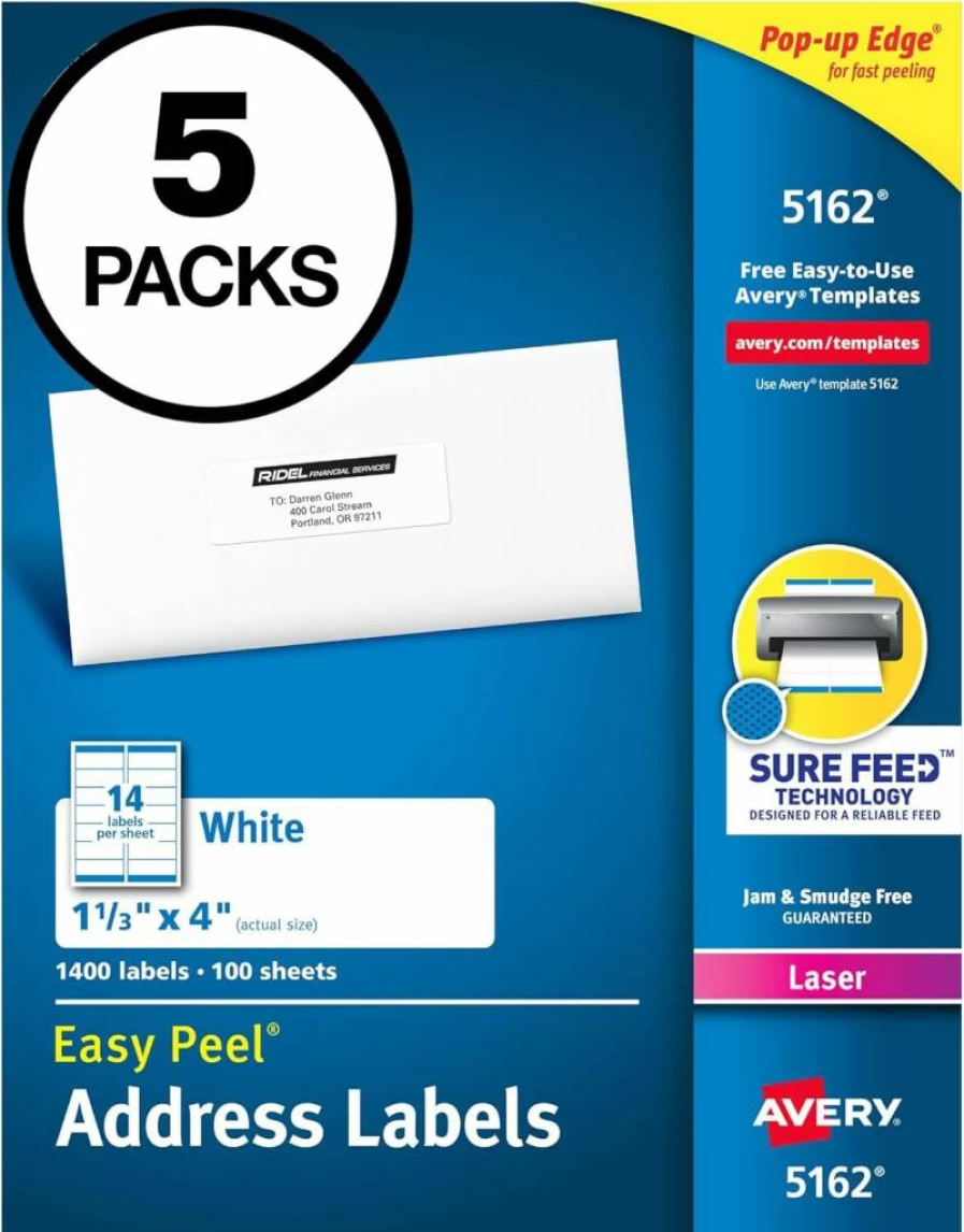 AVERY 05262 Easy Peel Printable Address Labels, 1.33" x 4", White, 350 Blank Mailing Labels with Sure Feed Technology