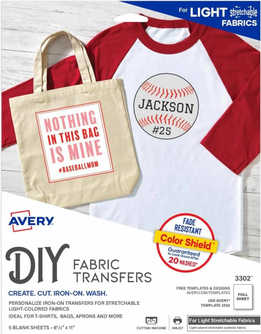 AVERY 3302 Printable Stretchable Heat Transfer Paper for Light Fabrics - 8.5" x 11" Inkjet Printer Sheets, 5-Pack
