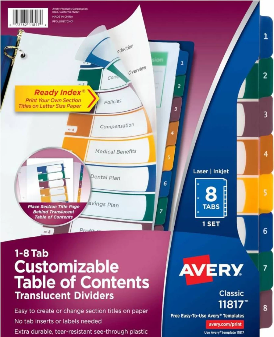 Avery 8-Tab Customizable Binder Dividers Set with Multicolor Tabs - 11817 for Organized Table of Contents