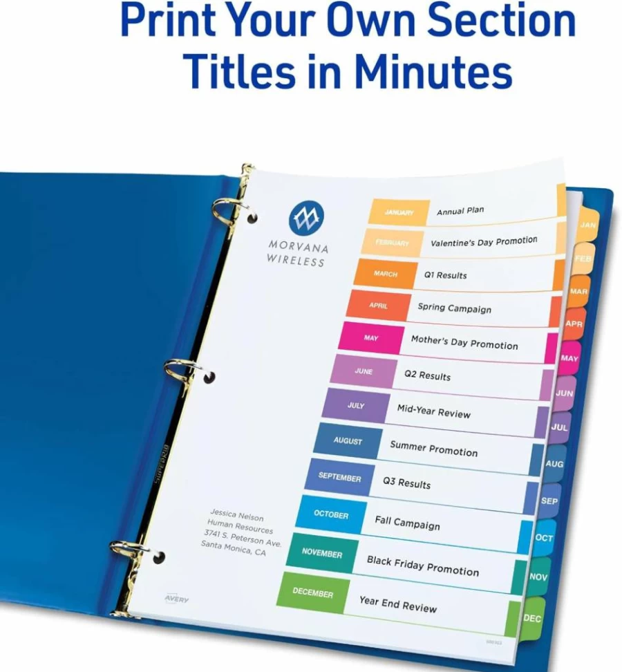 Avery 12-Tab Monthly Dividers for 3-Ring Binders, Customizable Jan-Dec Index Tabs, Multicolor Printable Set of 6 (11830)