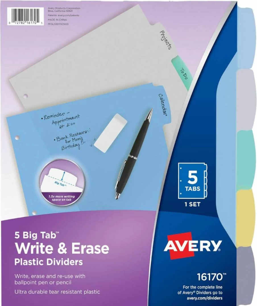 Avery 16170 Big Tab Write & Erase Plastic Dividers, 5-Tab Pastel Multicolor Set for 3-Ring Binders, Durable Reusable Tabs