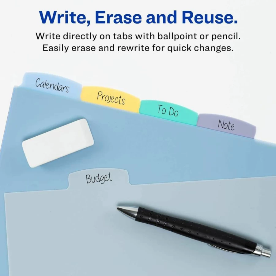 Avery 16170 Big Tab Write & Erase Plastic Dividers, 5-Tab Pastel Multicolor Set for 3-Ring Binders, Durable Reusable Tabs