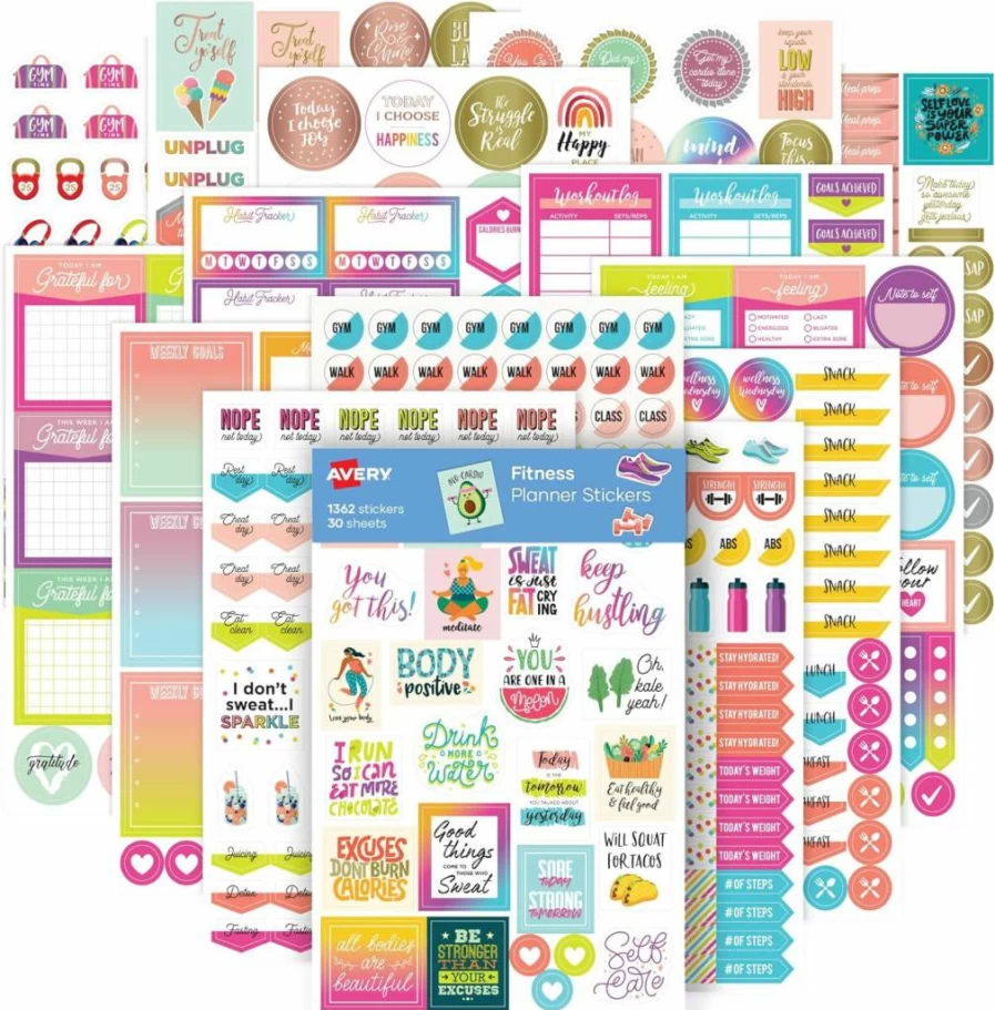 AVERY Fitness Planner Stickers - 30 Sheets, 1,362 Health & Fitness Stickers for Journals, Calendars, Planners (6787)