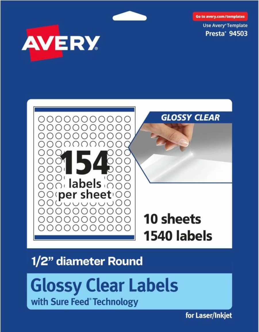 Avery Glossy Clear Round Labels 0.5" Diameter, 1,540 Pack, Sure Feed Technology, Print-To-The-Edge, Laser/Inkjet Printable, Waterproof