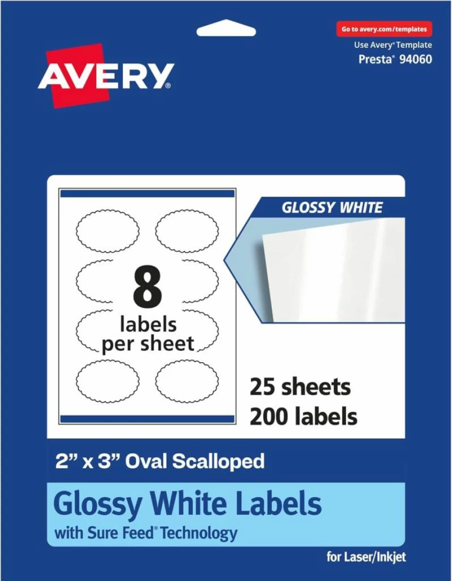 Avery Glossy White Oval Scalloped Labels 2" x 3" - 200 Pack, Sure Feed Technology, Print-to-the-Edge, Permanent Adhesive, Laser/Inkjet Printable