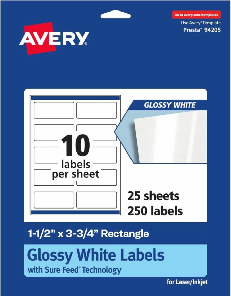 Avery Glossy White Rectangle Labels 1.5" x 3.75" - 100 Pack, Sure Feed Technology, Print-To-The-Edge Design, Permanent Adhesive, Laser/Inkjet Compatible