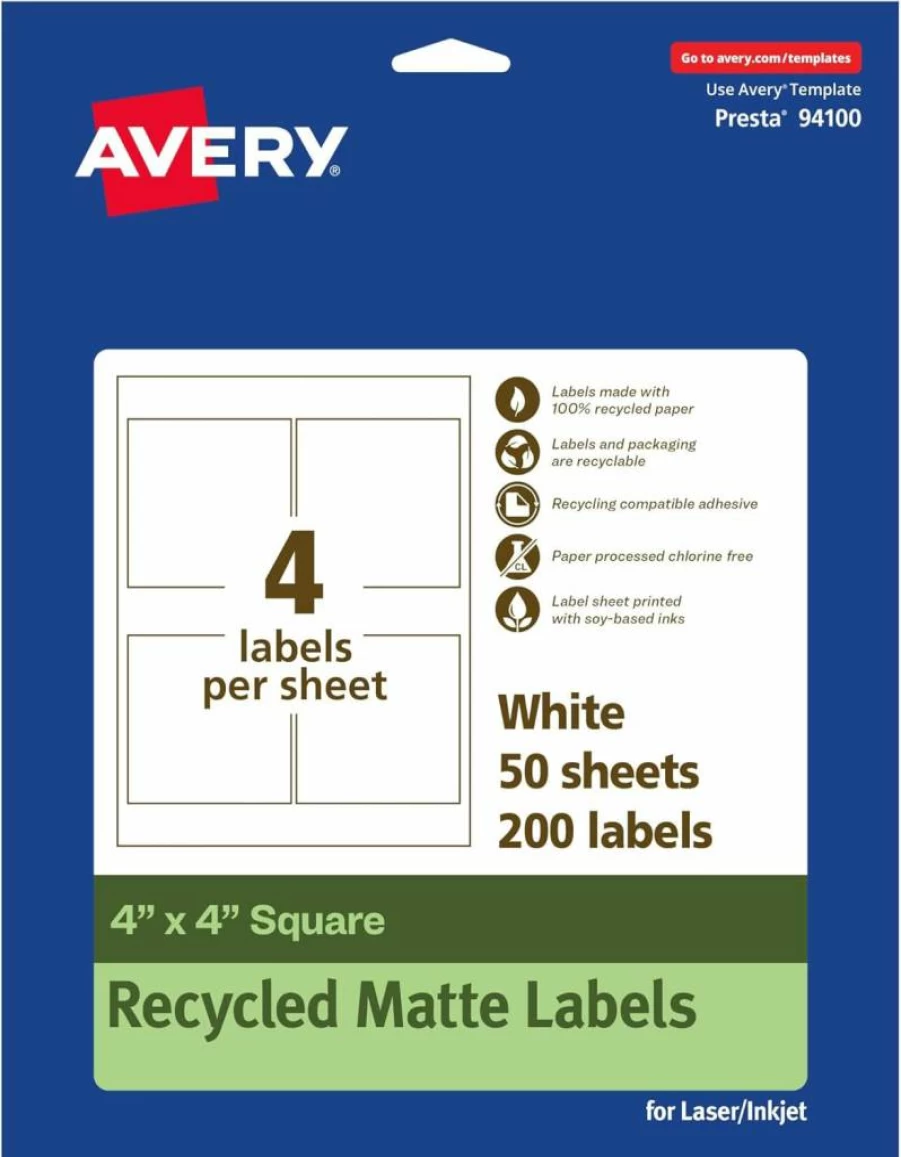 Avery Recycled Eco-Friendly 4" x 4" Square Labels - Matte White, Permanent Adhesive, Laser/Inkjet Printable, 40-Pack
