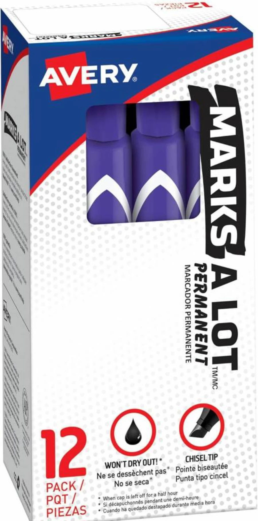 Avery 08884 Marks-A-Lot Permanent Chisel Tip Markers - 12 Pack, Purple, Waterproof & Wear-Resistant, Large Desk-Style Markers for Office & School