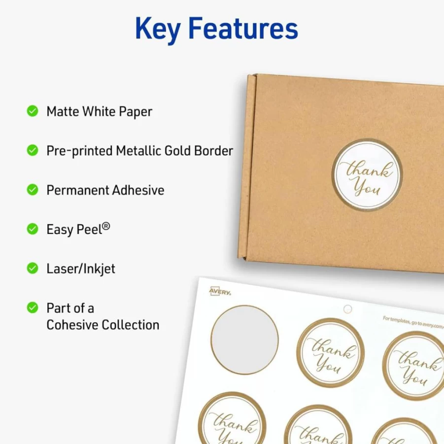 AVERY 22875 Round Printable Labels, 2 Inch Matte White with Gold Metallic Border, 120 Blank Permanent Adhesive Stickers for Weddings, Holidays, Gifts, and DIY Crafts