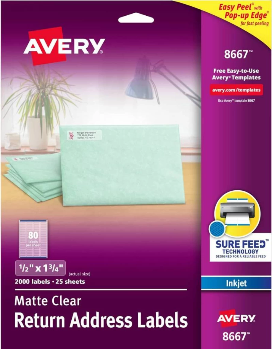 Avery 18667 Printable Return Address Labels, 0.5" x 1.75", Matte Clear, 800 Blank Mailing Labels with Sure Feed Technology