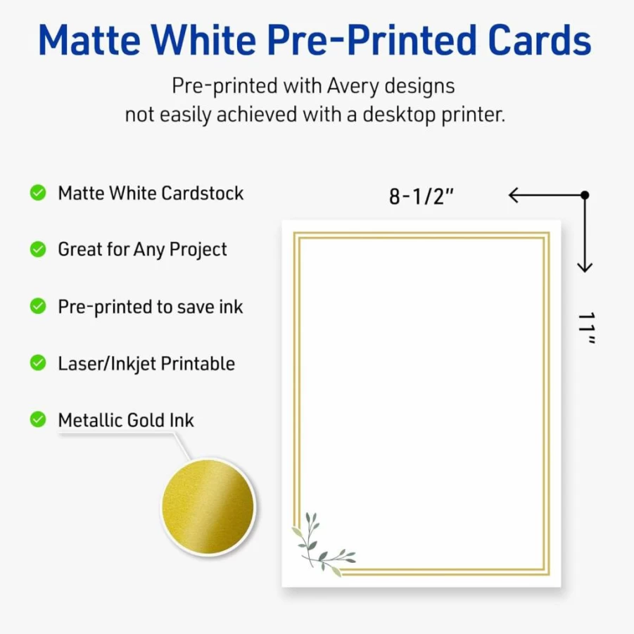 AVERY Gold & Navy Floral Border Printable Cardstock, 8.5" x 11" Matte White Paper, 10 Sheets for Laser/Inkjet Printing, Craft Paper for DIY Projects
