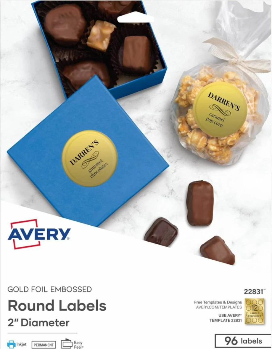 Avery Gold Foil Round Labels 2 Inch - Printable, Embossed, Customizable - 96 Pack (22831)