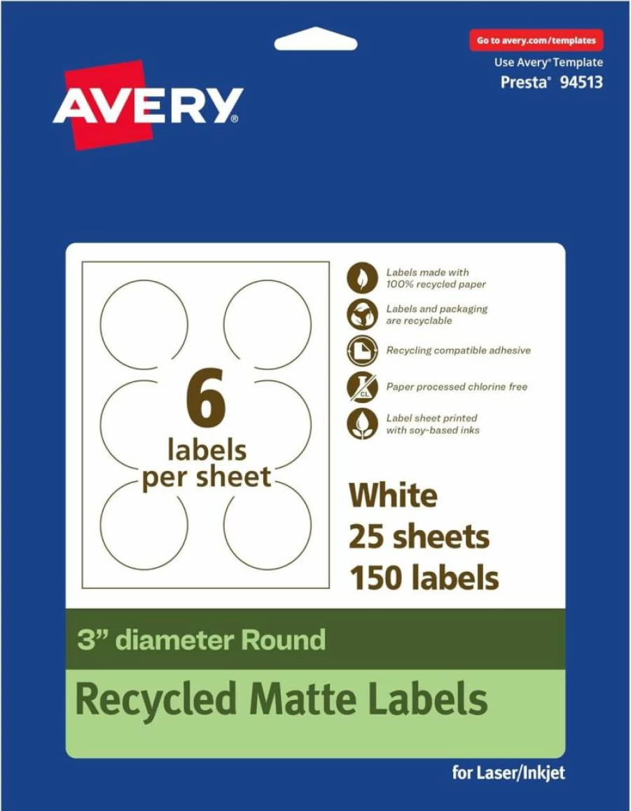AVERY Recycled Round Labels 3" - Eco-Friendly Matte White, Print-to-Edge, Permanent Adhesive, Laser/Inkjet Printable, 60-Pack