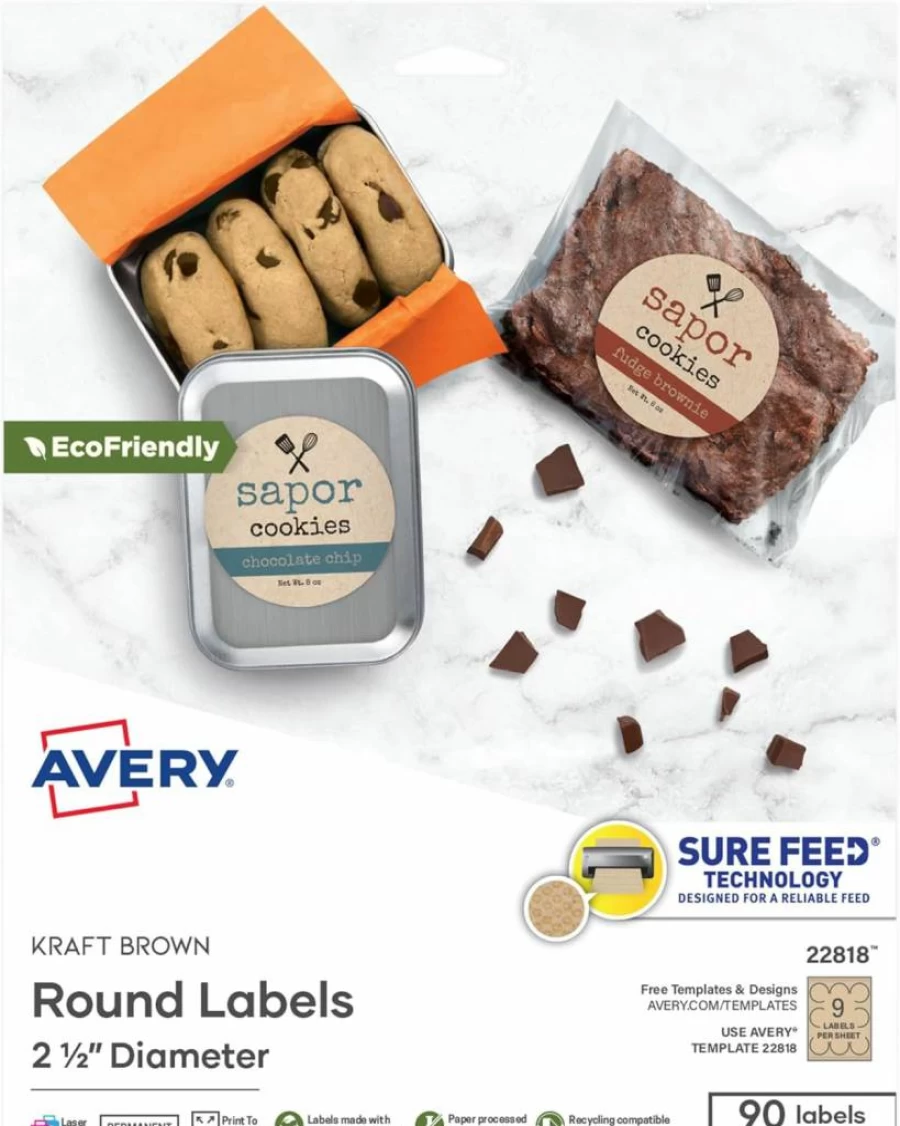 AVERY 5639 Kraft Brown Round Labels, 2.5" Diameter, Sure Feed Technology, Laser/Inkjet Printable, Print to Edge, 2 Packs of 22808 (450 Labels Total)