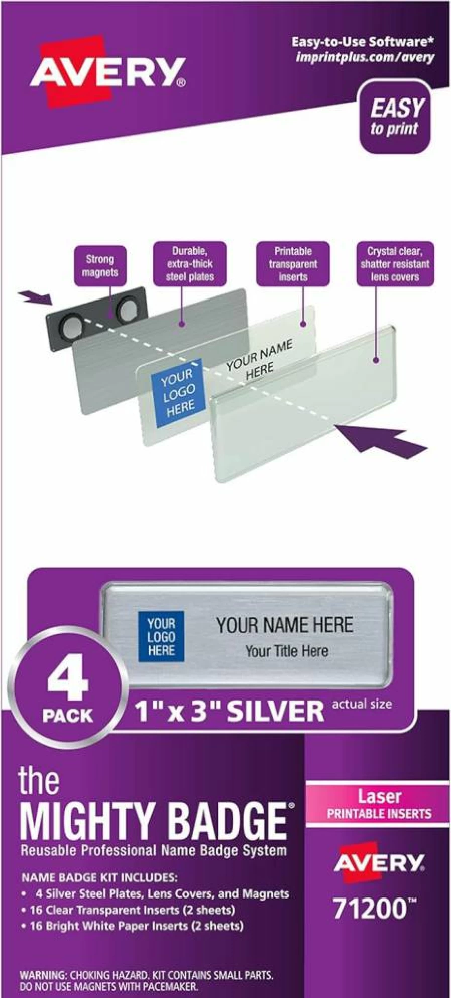 AVERY 71208 Magnetic Name Tags, 1" x 3" Silver Name Badges, 50 Pack with 120 Customizable Inserts, The Mighty Badge