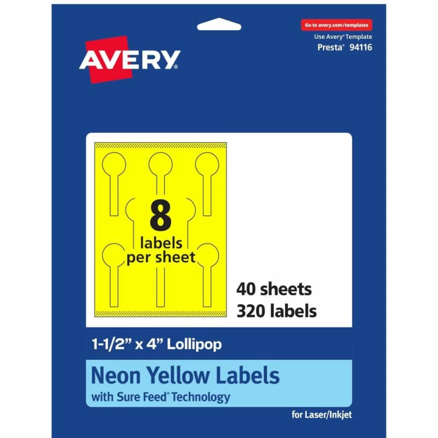 Avery Neon Yellow Printable Lollipop Labels 1-1/2" x 4" - 160 Sure Feed Stickers for Jars, Baking, Laser/Inkjet Print-To-The-Edge