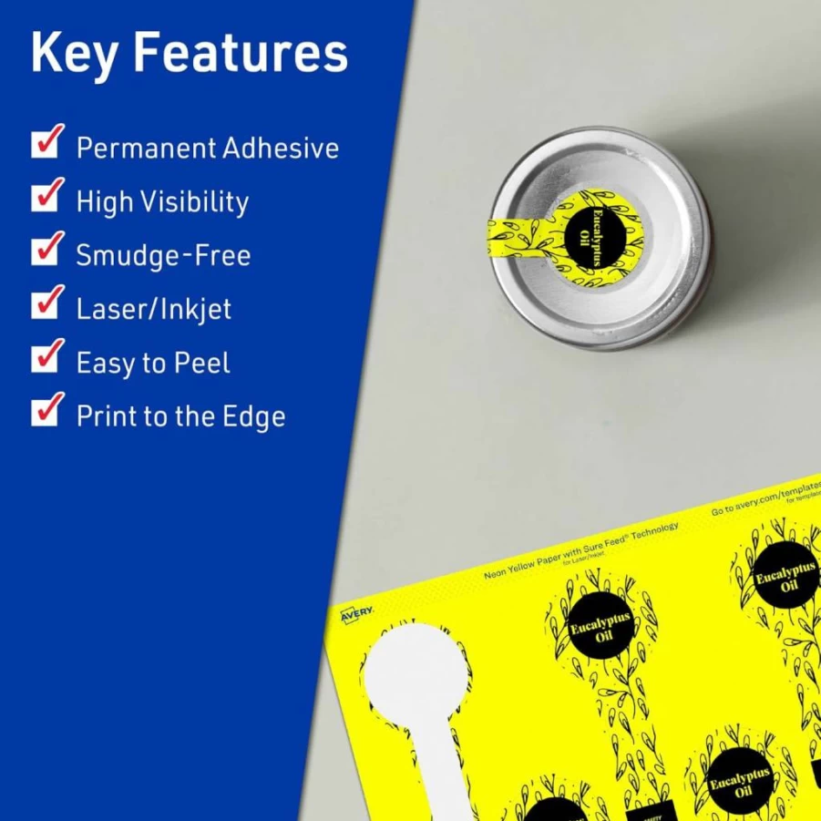 Avery Neon Yellow Printable Lollipop Labels 1-1/2" x 4" - 160 Sure Feed Stickers for Jars, Baking, Laser/Inkjet Print-To-The-Edge