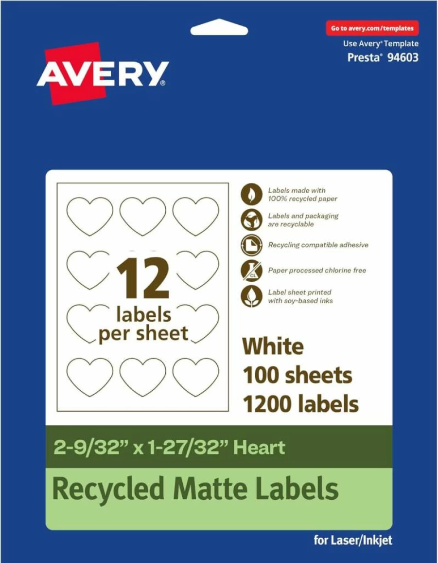 AVERY Recycled Heart Labels, Matte White, 2-9/32" x 1-27/32", Print-To-The-Edge, Permanent Adhesive, Laser/Inkjet Printable, Eco-Friendly, 120 Labels/Pack