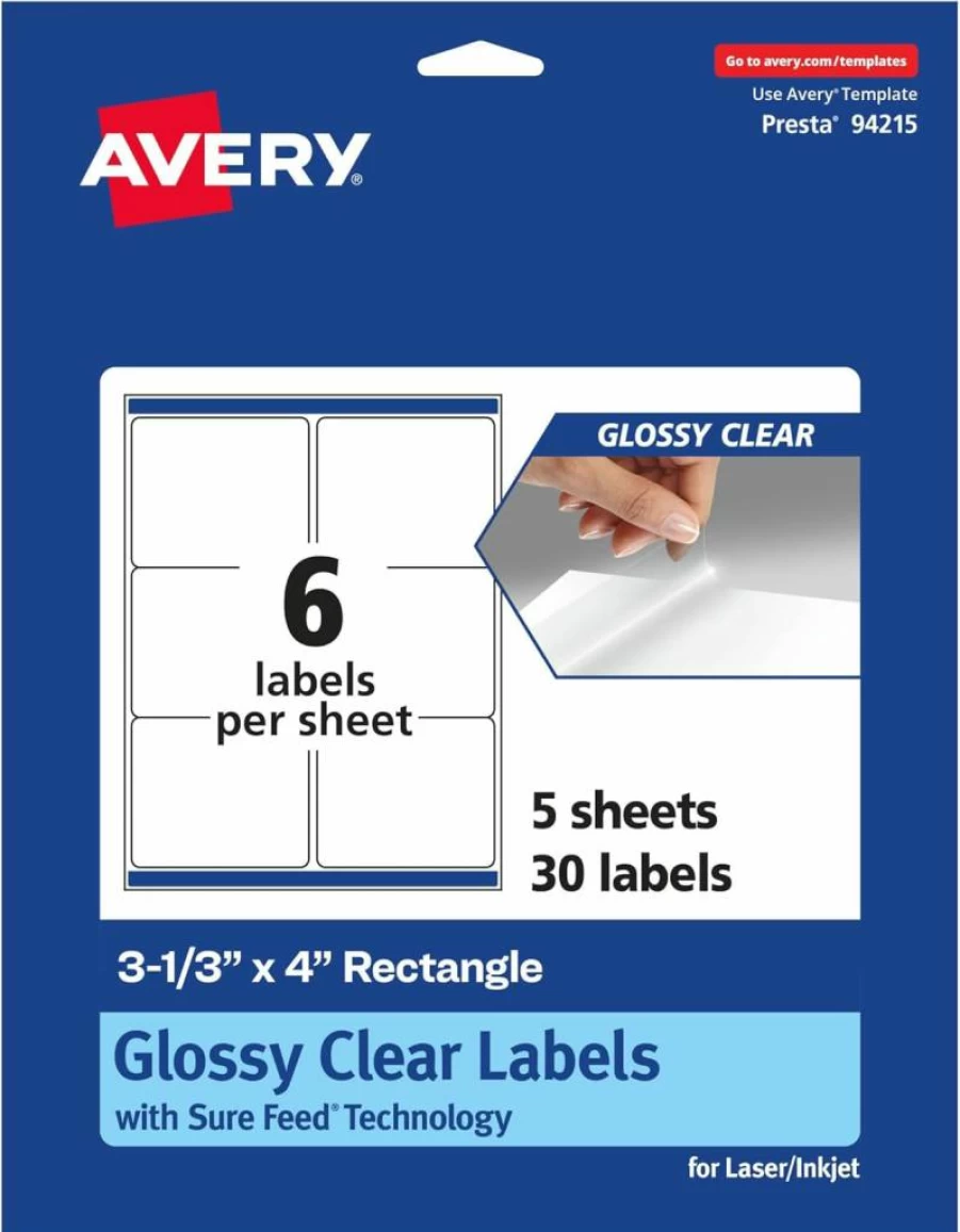 Avery Glossy Clear Rectangle Labels 3-1/3" x 4" - 30-Pack, Sure Feed Technology, Laser/Inkjet Printable, High-Quality Glossy Finish