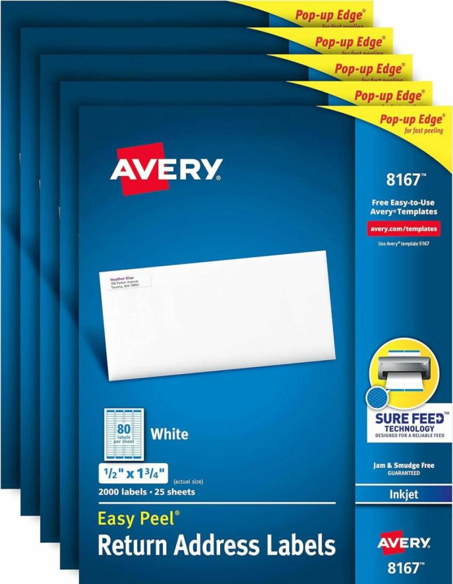 Avery 8167 Easy Peel White Address Labels for Inkjet Printers, 1/2" x 1 3/4", 2000 Labels per Box, Mailing Return Labels