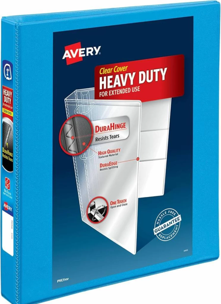 AVERY 2" Heavy-Duty 3-Ring Binder with One-Touch Slant Rings, 2.8" Spine, Clear Customizable Cover - Light Blue School & Office Binder (05501)
