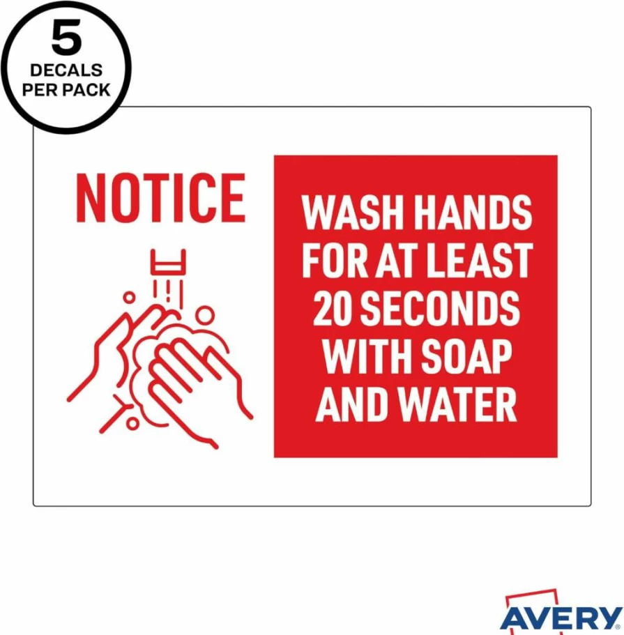 Avery "Wash Hands For At Least 20 Seconds" Removable Wall Decals, 7" x 10" Safety Signs, Tear & Water Resistant, Pack of 5 (83175)