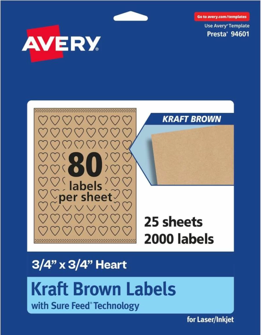 AVERY Kraft Brown Heart Labels, 0.75" x 0.75", 1,200 Adhesive Labels, Print-To-The-Edge Design, Laser/Inkjet Printable, Sure Feed Technology, Brown Heart-Shaped Stickers for DIY & Organizing