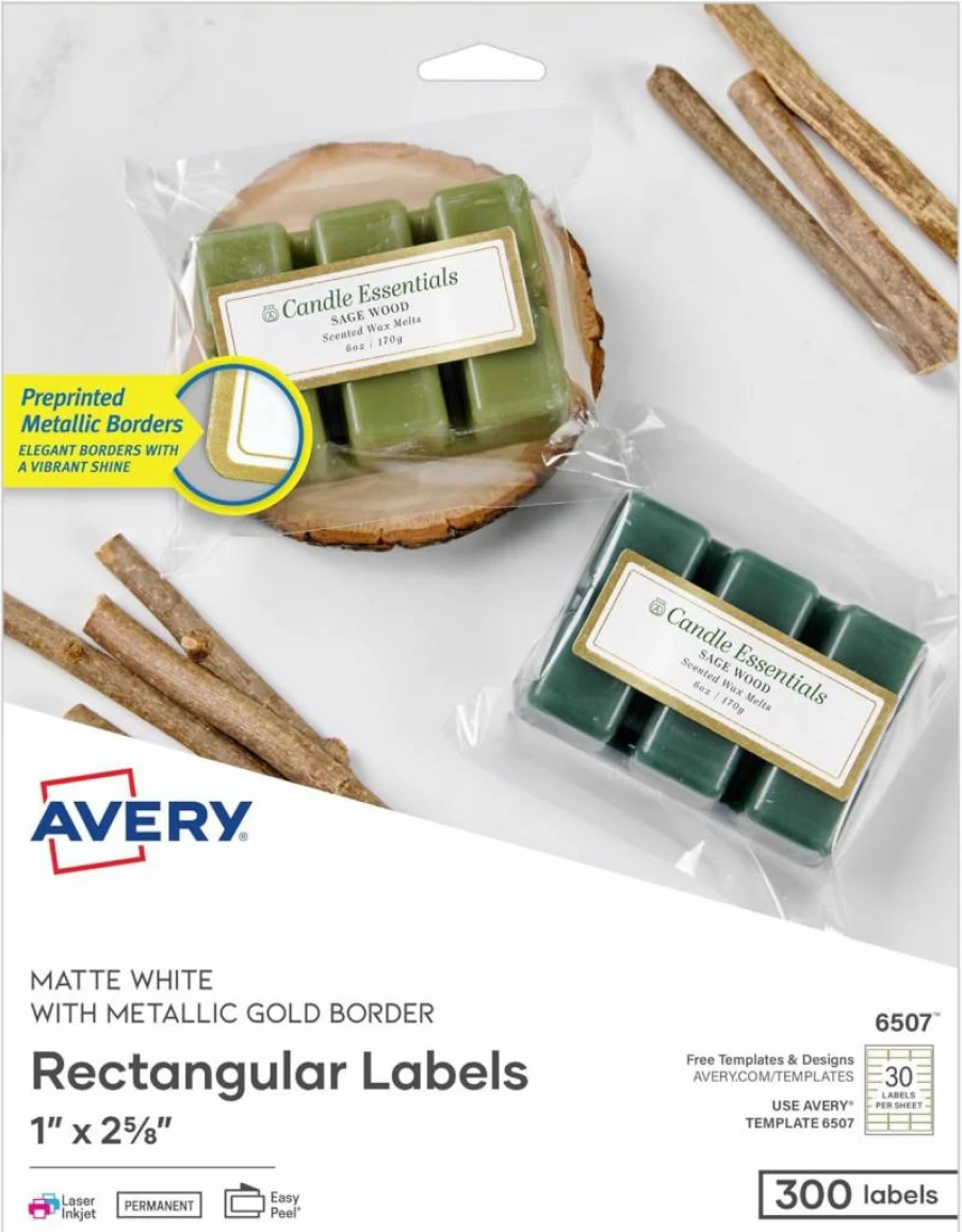 AVERY Printable Address Labels 1" x 2-5/8" - Matte White with Gold Metallic Borders, 300 Permanent Blank Mailing Labels for Laser & Inkjet - Wedding Favors, Envelopes, Invitations (6507)