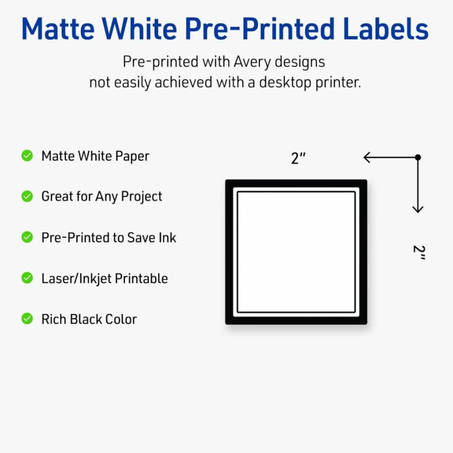 AVERY 2" x 2" Matte White Printable Square Labels with Gold Border & Dots, Permanent Adhesive, 120Ct for Laser/Inkjet, Ideal for Product Merchandising