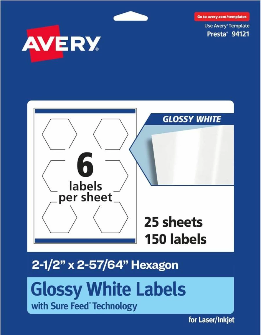 Avery Glossy White Hexagon Labels 2.5" x 2.9", 60-Pack, Sure Feed Technology, Print-to-Edge, Permanent Adhesive, Laser/Inkjet Printable