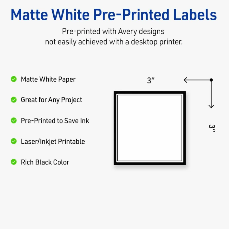 AVERY 3" X 3" Glossy White Printable Square Labels, Gold Dots & Green Florals Design, Permanent Adhesive, Laser/Inkjet Compatible, 60 Labels per Pack, Ideal for Product Merchandising