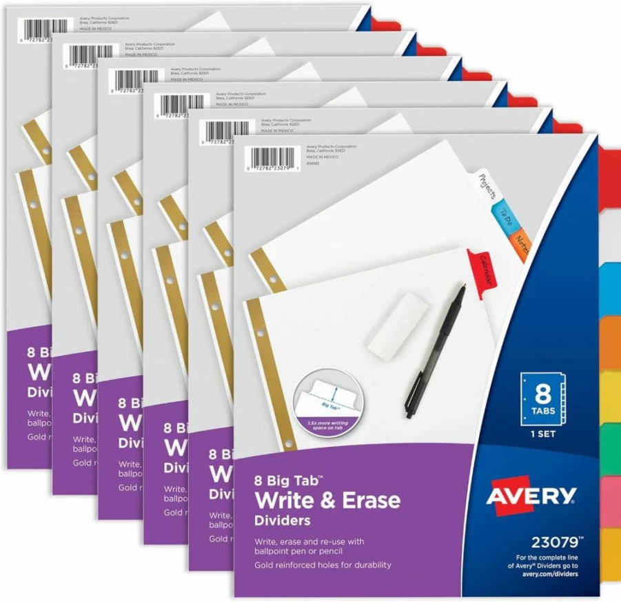 Avery 8-Tab Multicolor Write & Erase Dividers for 3-Ring Binders, 6-Pack (23079) – Organize Projects, Reports, Finances with Durable Tab Dividers