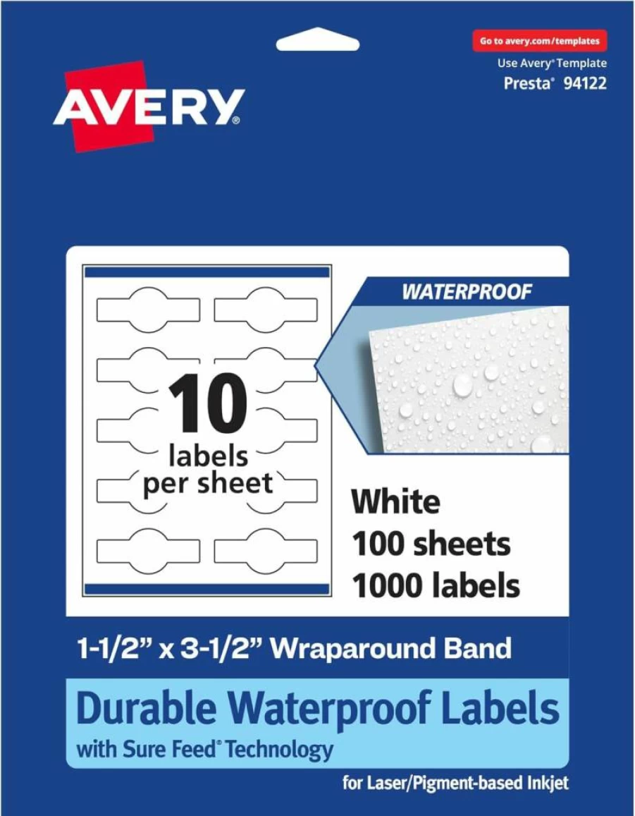 Avery Durable Waterproof Cigar Band Labels 1.5" x 3.5" - Tear & Oil Resistant, Sure Feed Technology, Print-To-The-Edge for Laser/Inkjet, 100 Labels