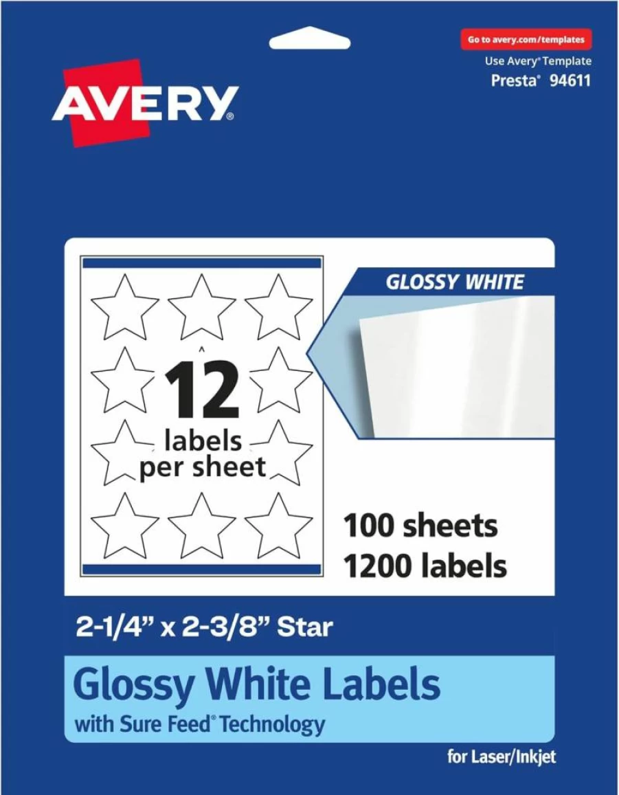 Avery Glossy White Star Labels, 2-1/4" x 2-3/8", 300-Pack, Permanent Adhesive, Laser/Inkjet Printable, Sure Feed Technology, Print-To-The-Edge Design