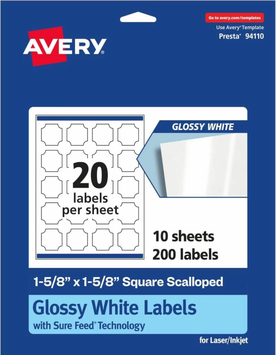 Avery Glossy White 1-5/8" Square Scalloped Labels, 200-Pack, Permanent Adhesive, Print-To-The-Edge for Laser/Inkjet, Sure Feed Technology