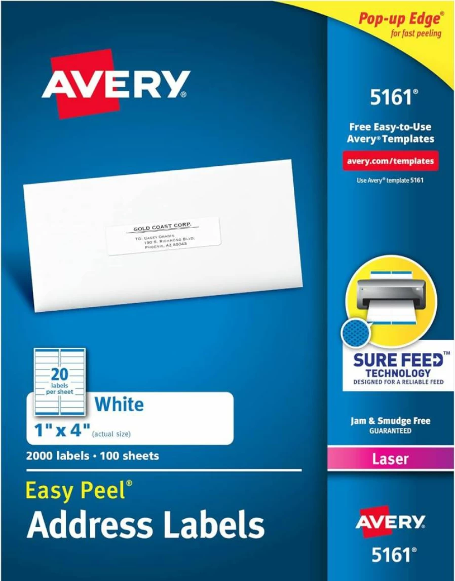 Avery 5161 Easy Peel Printable Address Labels, 1" x 4" White, 2,000 Blank Mailing Labels for Laser Printers with Sure Feed Technology