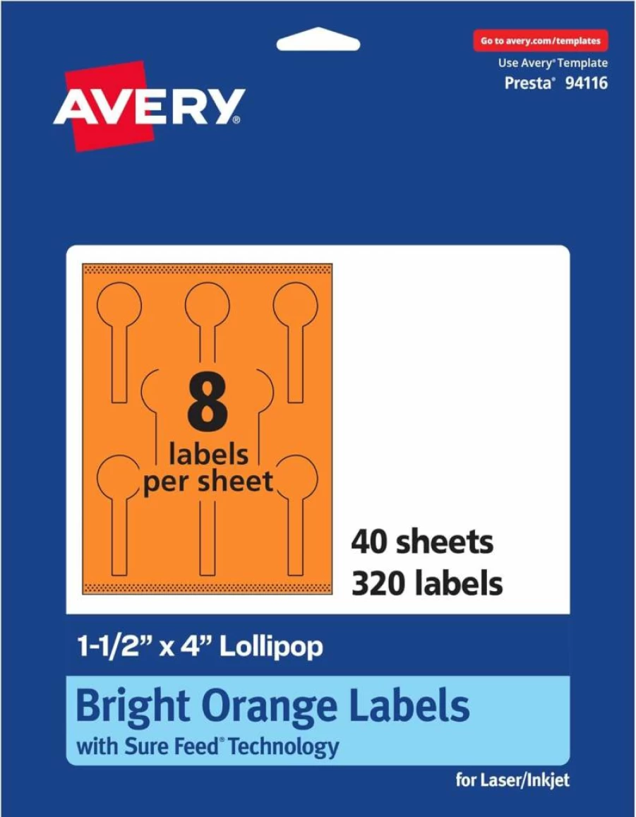 Avery Bright Orange Printable Lollipop Labels 1.5" x 4" - 80 Sure Feed Stickers for Jars, Baking, Laser/Inkjet Print-To-The-Edge