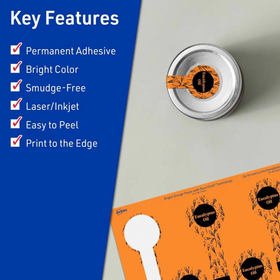 Avery Bright Orange Printable Lollipop Labels 1.5" x 4" - 80 Sure Feed Stickers for Jars, Baking, Laser/Inkjet Print-To-The-Edge
