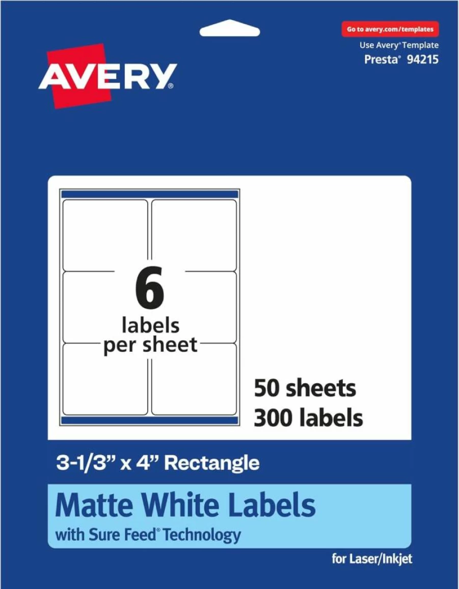 Avery Matte White Printable Labels 3-1/3" x 4" - 150 Pack with Sure Feed Technology for Laser/Inkjet Printers