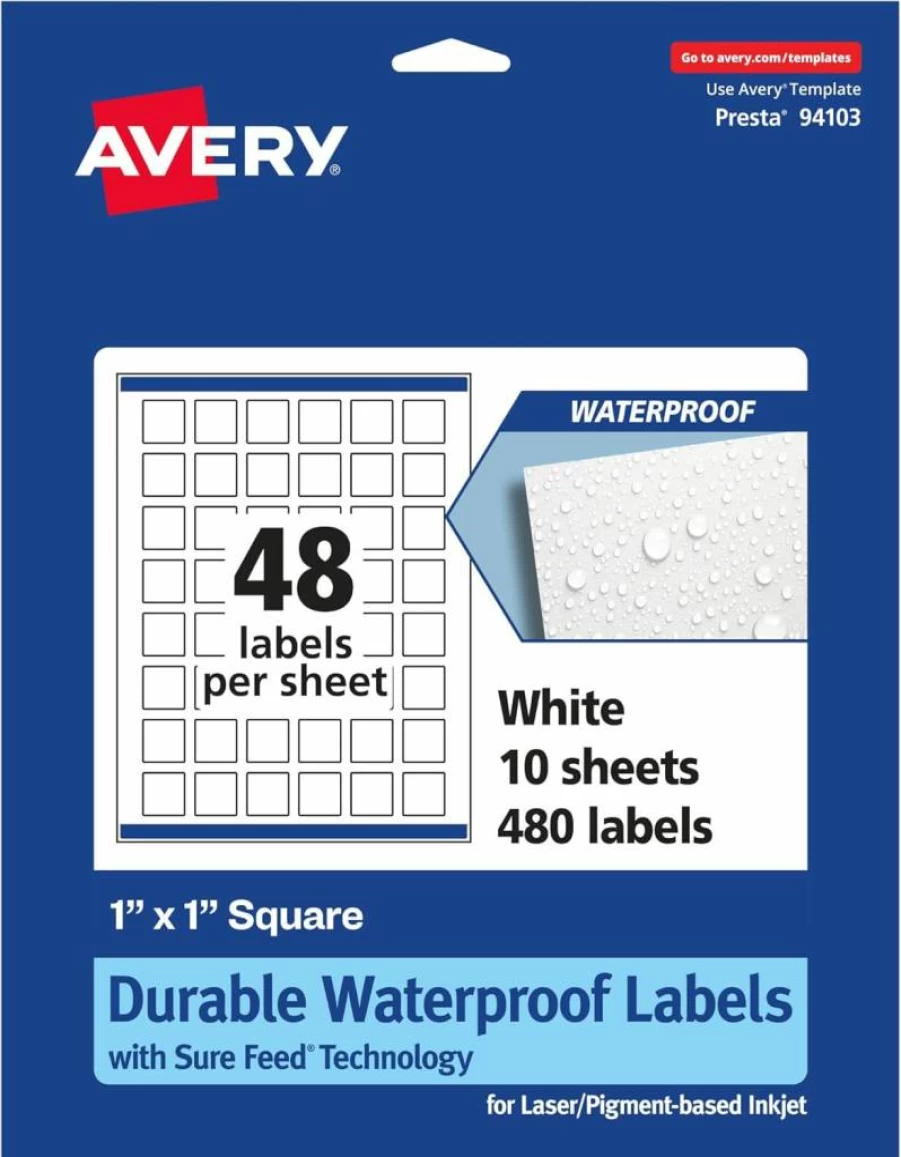 Avery 1" x 1" Square Waterproof Labels, 480 Pack, Sure Feed Technology, Oil & Tear-Resistant, Laser/Inkjet Printable, Print-To-The-Edge Design