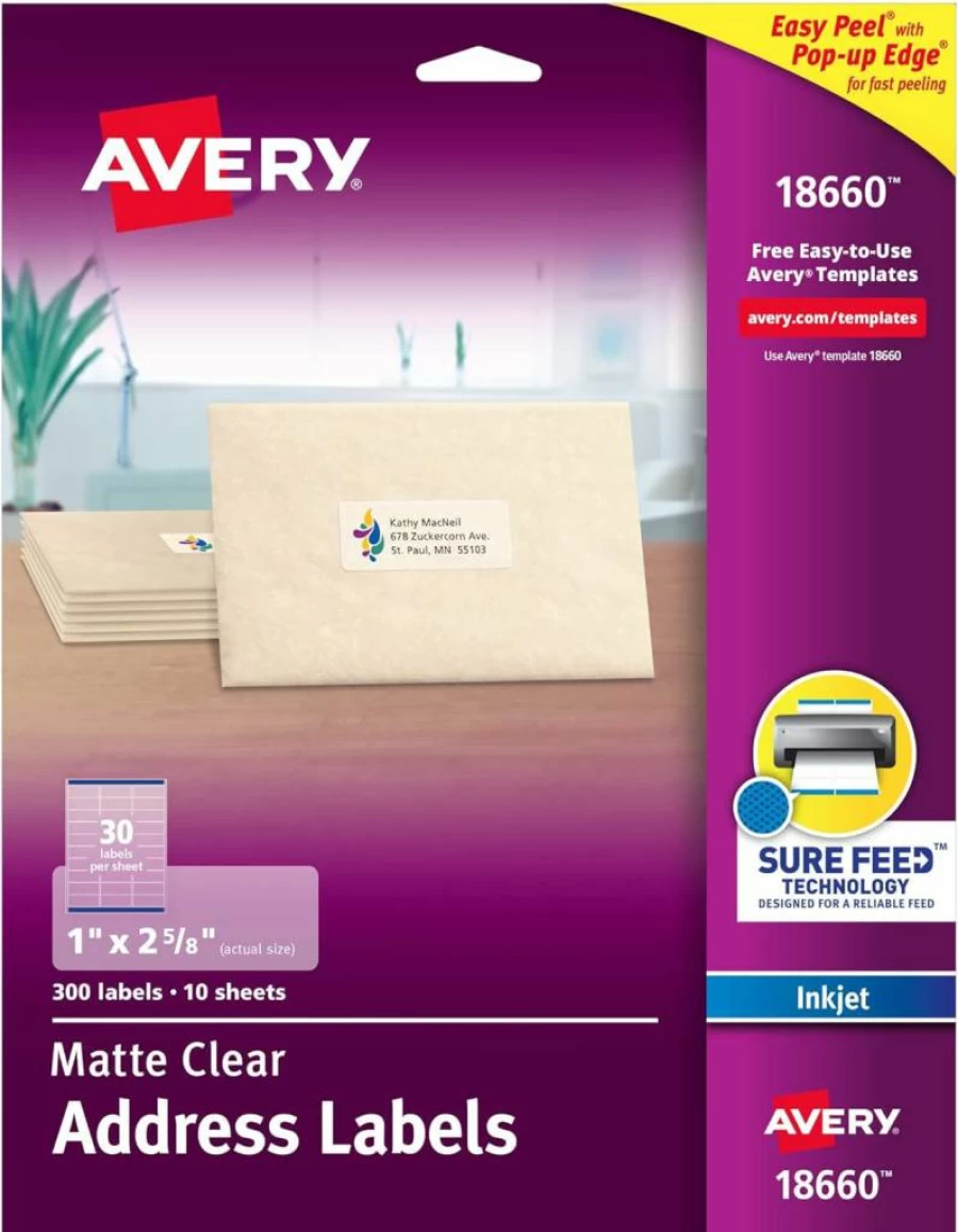 AVERY 08660 Printable Address Labels 1" x 2-5/8", Sure Feed Technology, Matte Clear, 750 Blank Mailing Labels for Laser/Inkjet Printers