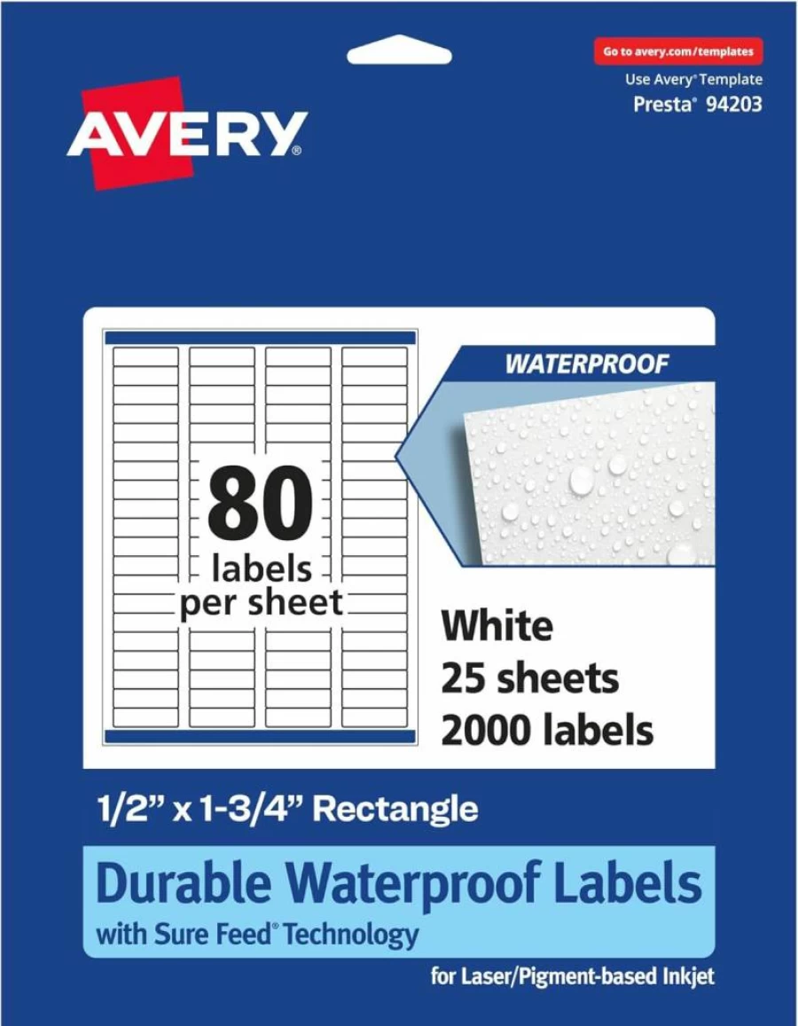Avery Sure Feed Durable Waterproof Labels 0.5" x 1.75" - 800 Oil, Tear-Resistant Laser/Inkjet Printable Rectangle Stickers