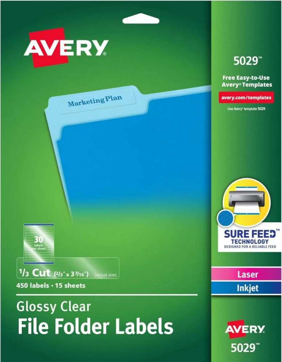 AVERY 5029 Glossy Clear Self-Adhesive Printable Labels, 2/3" x 3-7/16", 450-Pack, Filing Labels for Organization